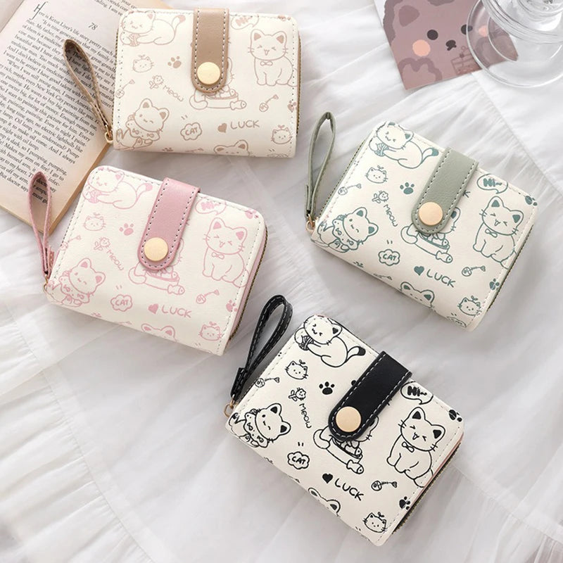 Cute Cat Wallets for Women Card Holder Small Purses with Zip Coin Pocket High Quality Square Hand Bags